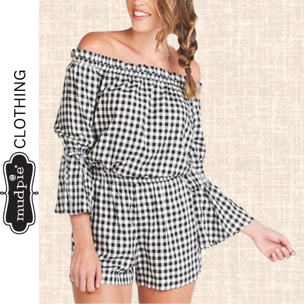 Mudpie Women's Camden Gingham Black & White Shorts Romper / Size XS